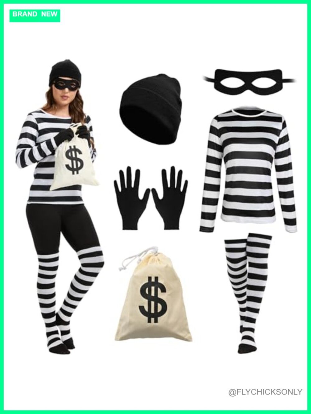 Women's Robber Costume Set with Striped Shirt, Mask, Hat, Gloves, and Bag for